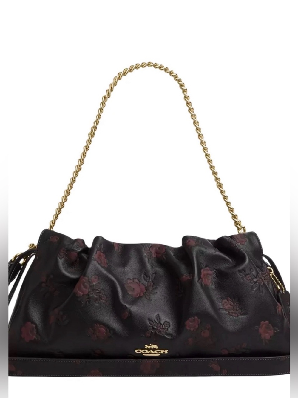 Coach Black Shoulder Bag with Subtle Burgundy Floral Embossing and Gold Chain